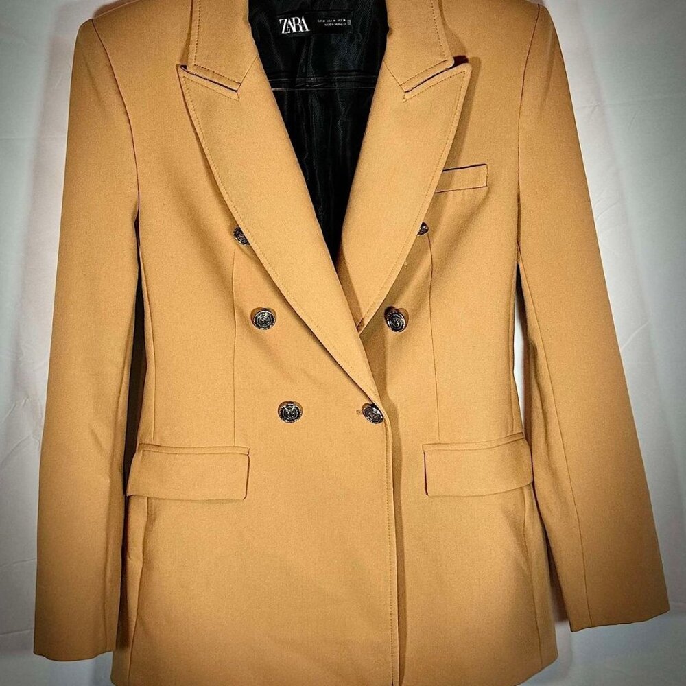 Zara size M Blogger Fave Caramel Equestrian Double Breasted Lined Blazer Jacket